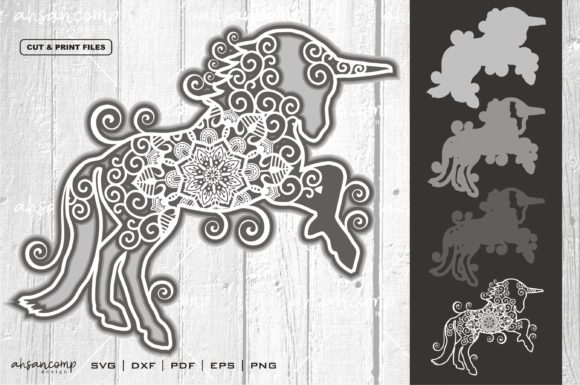 Unicorn Mandala Vector 3D Layered 1 for 3D SVG Shadow Boxes & Commercial Design Use
